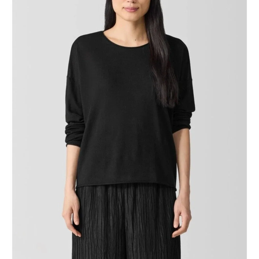 Eileen Fisher Merino Wool Sweater Box Top Womens Size XL Black Fall Winter Soft - Picture 1 of 7
